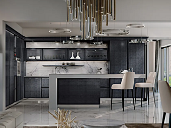 Cuisine en eucalyptus sur mesure avec îlot et poignées Essenza Pure Martini Interiors