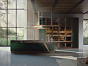 Cuisine sur mesure avec îlot en vert supernatural et cuivre Martini Interiors Essenza