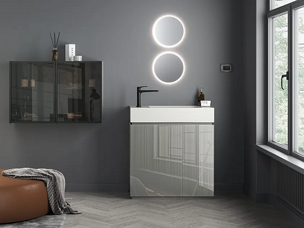 Unité de vanité en cristal sur pied avec lavabo intégré ARTELINEA FUSION AL 603 usine ARTELINEA de l'Italie. Foto №1