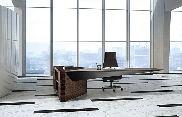 Bureau exécutif en bois et cuir en forme de L Euclideo I 4 Mariani usine i 4 Mariani de l'Italie. Foto №7