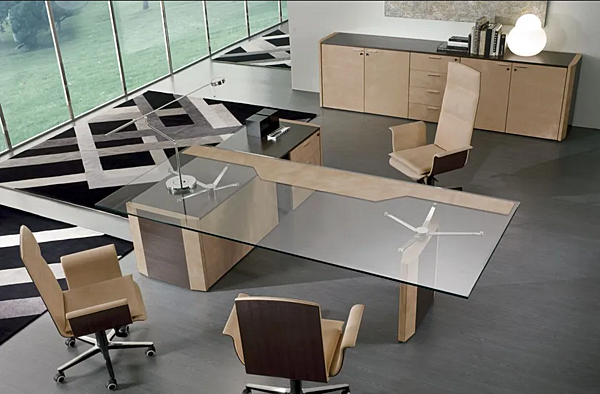 Unité de rangement de bureau en bois avec rembourrage en cuir i 4 Mariani De Symetria usine i 4 Mariani de l'Italie. Foto №3