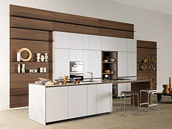 Cuisine équipée sans poignées en laque mate blanc glacier VALCUCINE Forma Mentis usine VALCUCINE de l'Italie