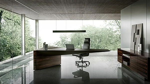 Bureau exécutif en bois et cuir en forme de L Euclideo I 4 Mariani usine i 4 Mariani de l'Italie. Foto №9