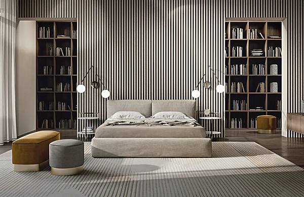 Lit double avec tête de lit rembourrée en tissu Frigerio Cooper usine Frigerio de l'Italie. Foto №7