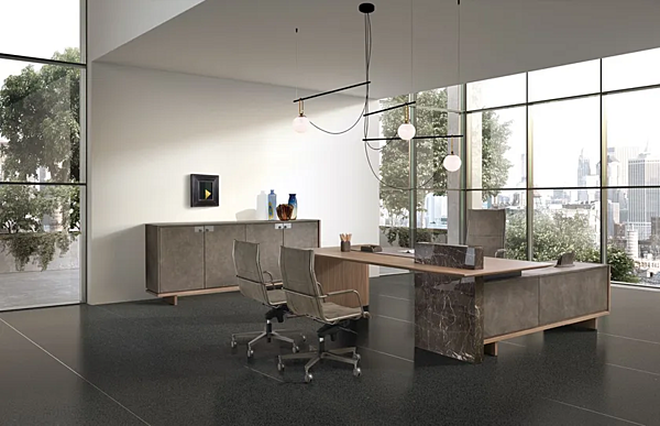 Unité de rangement de bureau en bois bas avec revêtement en cuir Cartesiano I 4 Mariani usine i 4 Mariani de l'Italie. Foto №3