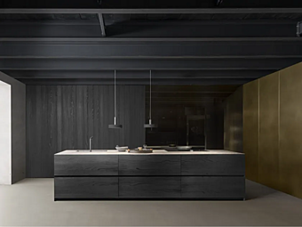 Cuisine en bois de cèdre avec îlot et poignées intégrées MODULNOVA FLY FLOAT usine Modulnova de l'Italie