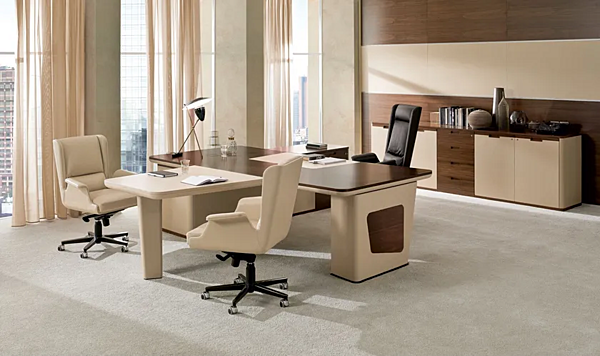 Bureau d'angle en bois et cuir avec tiroirs Avatar I 4 Mariani usine i 4 Mariani de l'Italie. Foto №5