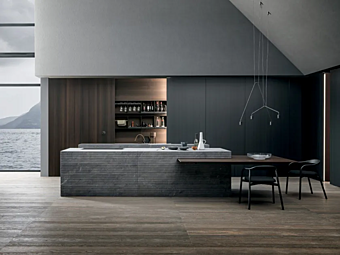 Cuisine en pierre et placage d'eucalyptus avec îlot Blade Lab MODULNOVA usine Modulnova de l'Italie