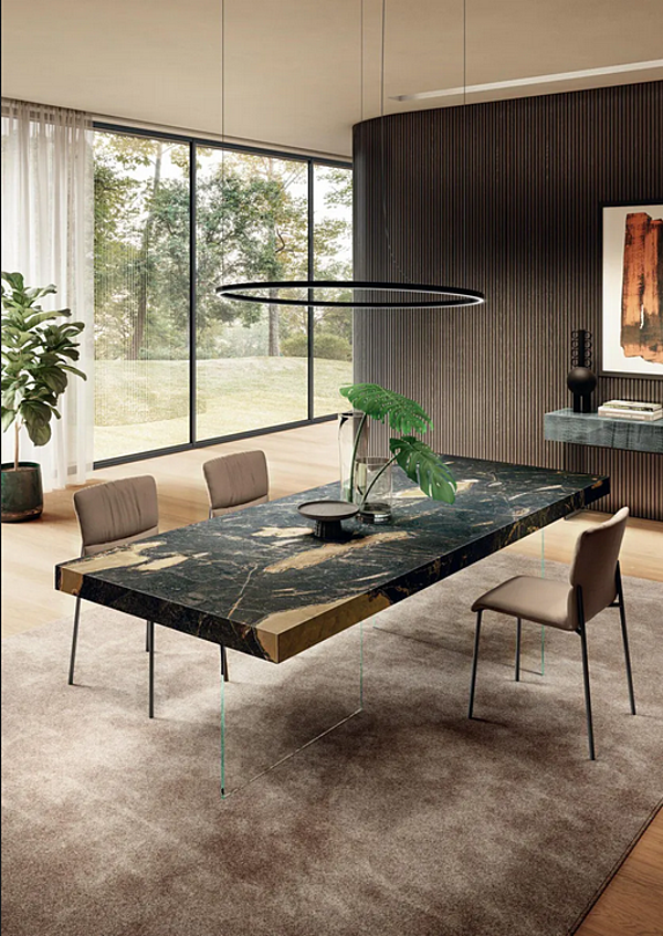 Table rectangulaire en verre avec plateau en Xglass effet marbre LAGO AIR 2170x usine LAGO de l'Italie. Foto №2