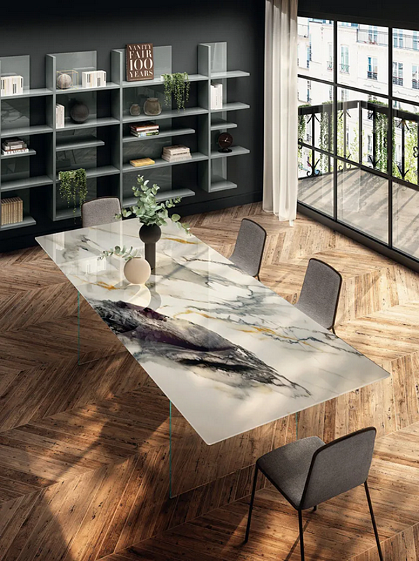Table rectangulaire avec base en verre et plateau effet marbre XGlass Air Slim 2190x LAGO 2195X usine LAGO de l'Italie. Foto №2