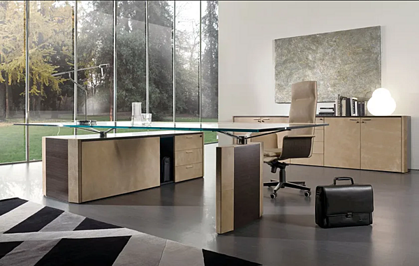 Unité de rangement de bureau en bois avec rembourrage en cuir i 4 Mariani De Symetria usine i 4 Mariani de l'Italie. Foto №4