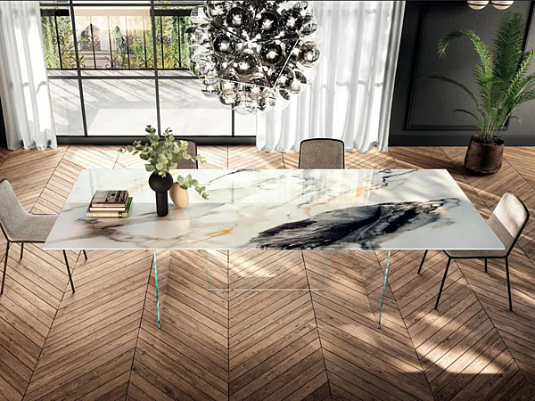 Table rectangulaire avec base en verre et plateau effet marbre XGlass Air Slim 2190x LAGO 2195X usine LAGO de l'Italie. Foto №1