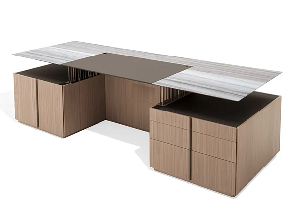 Bureau rectangulaire avec base en noyer et plateau en marbre GIORGETTI G-Code 71200, 71205 usine GIORGETTI de l'Italie. Foto №1
